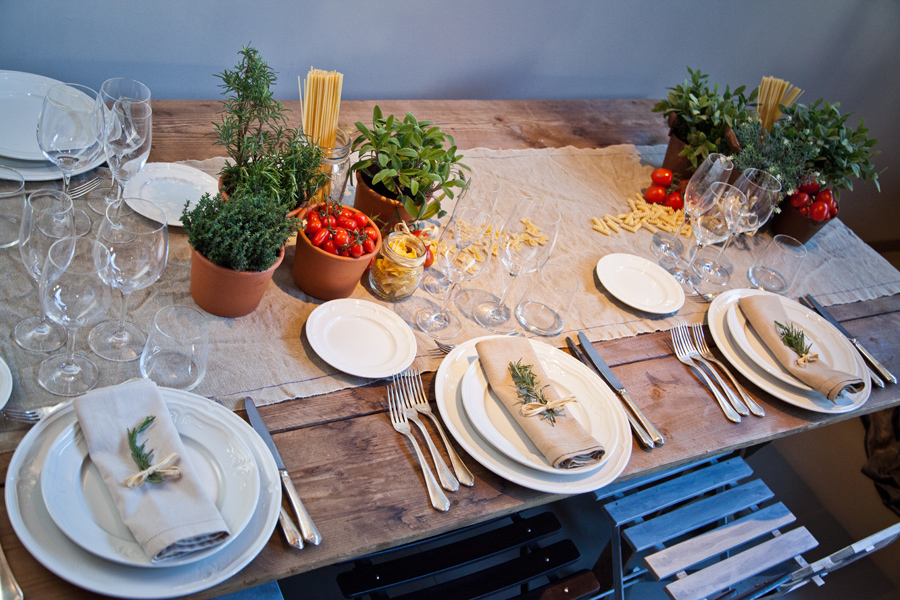 wooden table with rustic table centre